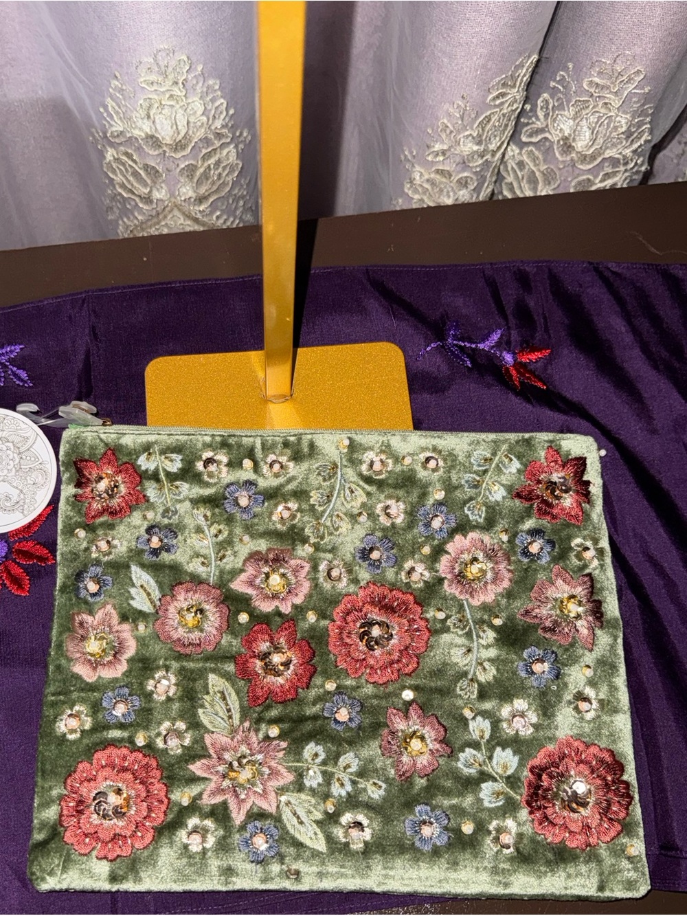 NWT From India To You Sage Green Velvet Floral Clutch Case